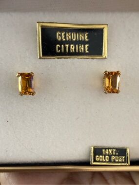Genuine Citrine Emerald-Cut Stud Earrings with 14KT Gold Posts